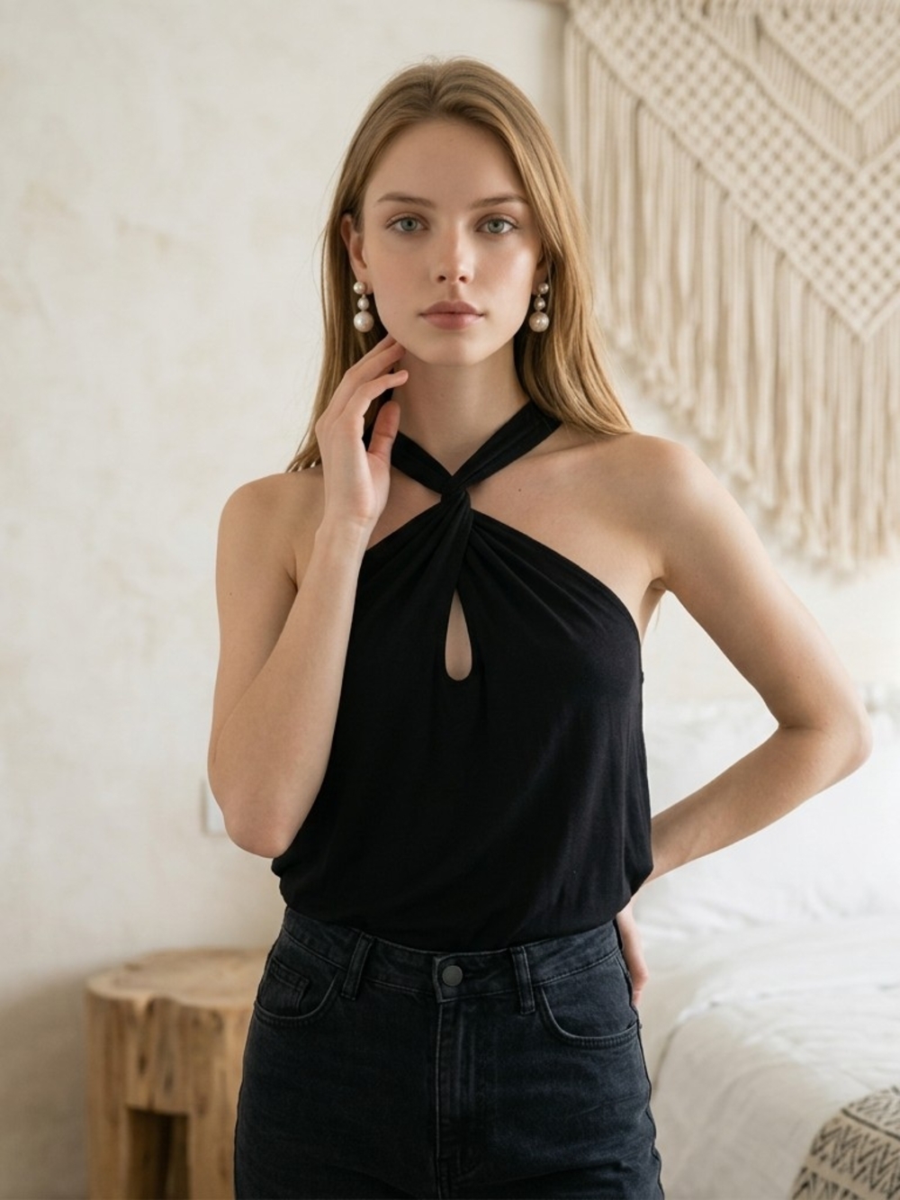 Michael Stars S Black Twist Halter Camisole